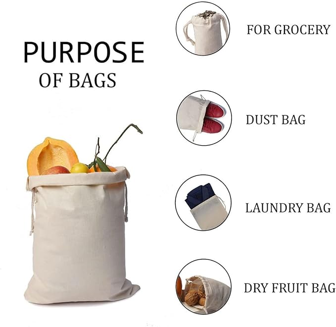 100Pcs 8 x 12 Inches Premium Cotton Muslin Double Drawstring Bags, Reusable Bag Natural Cotton Bags