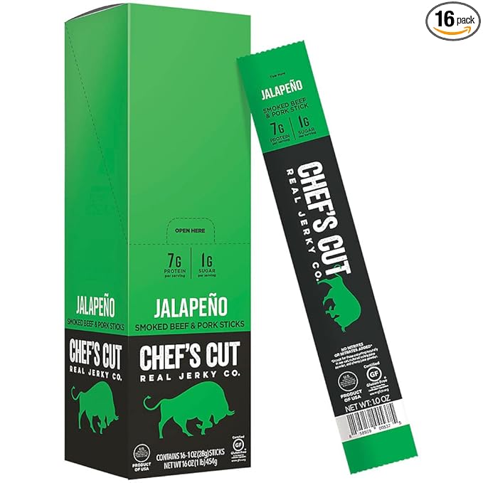 Chef's Cut Pork & Beef Snack Sticks, Jalapeno, High Protein Meat Snack, Individually Wrapped, 8g