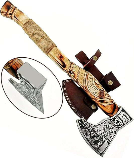 AX-7000 Custom Gift Forged Carbon Steel Viking Axe with Rose Wood Shaft, Viking Bearded Camping Axe