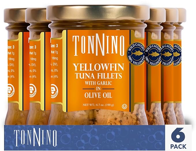 Tonnino Yellowfin in Olive Oil with Garlic 6.7 oz - 6-Pack: Omega-3, High Protein, Gluten-Free