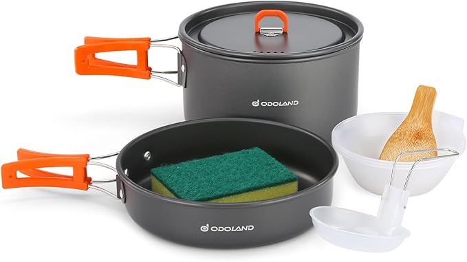 Odoland 9pcs Camping Cookware Non-Stick Lightweight Pots and Pans Set with Plastic Bowls Soup Spoon