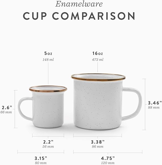 Barebones Enamel Cup Set- Enamel Coffee Mugs Set of 2 16-oz - Stainless Steel Rim Camping Mug for