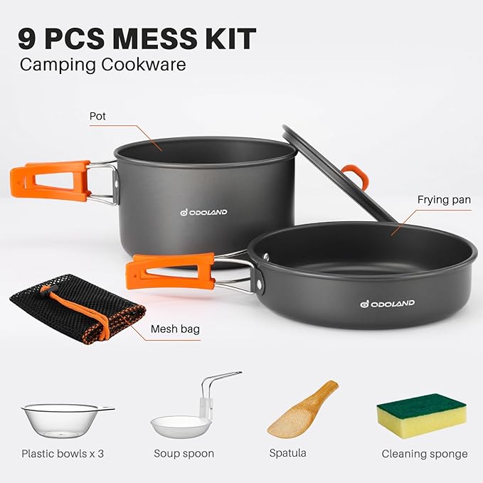 Odoland 9pcs Camping Cookware Non-Stick Lightweight Pots and Pans Set with Plastic Bowls Soup Spoon