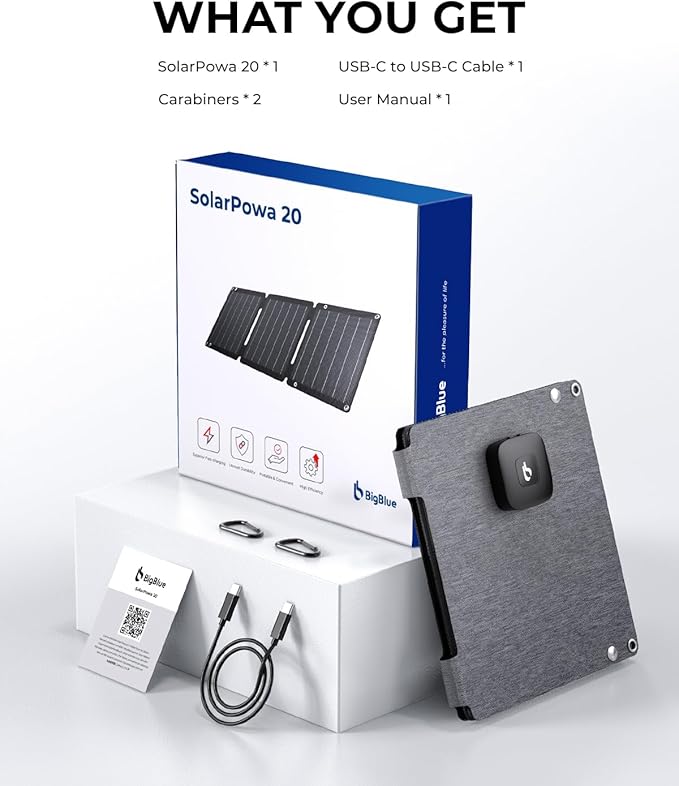 21W Solar Panel Charger BigBlue SolarPowa 20 Portable Solar Charger with USB-A/USB-C Ports, IP68