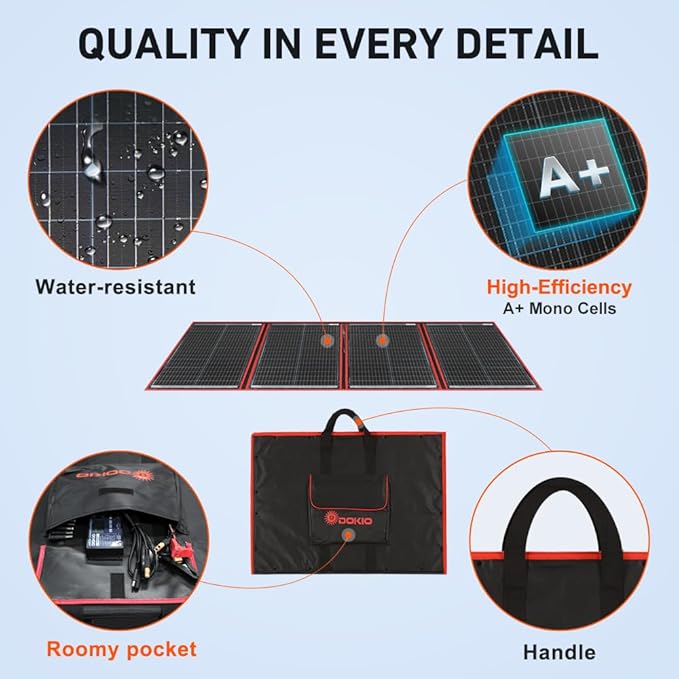 DOKIO 200W Portable Foldable Solar Panel Kit (20x27in, 9.7lb), with Separate Controller and Dual