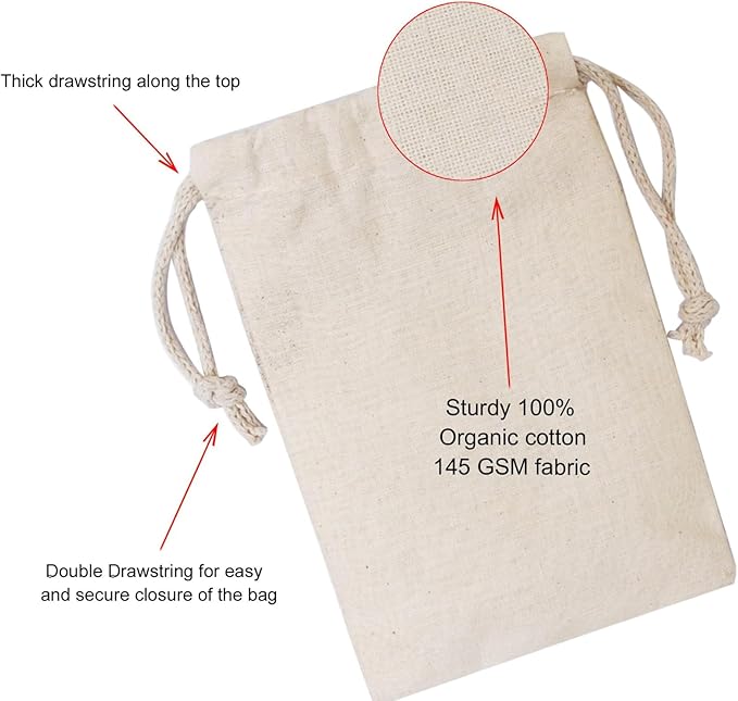 100Pcs 8 x 12 Inches Premium Cotton Muslin Double Drawstring Bags, Reusable Bag Natural Cotton Bags