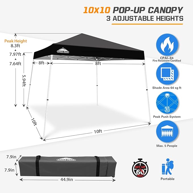 EAGLE PEAK 10x10 Slant Leg Pop-up Canopy Tent Easy One Person Setup Instant Outdoor Beach Canopy