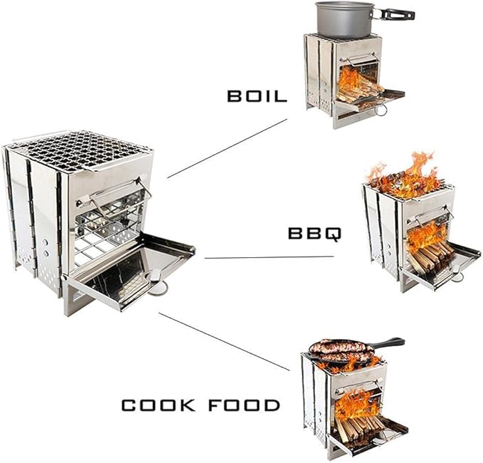 Camping Wood Burning Stove with Grill, Collapsible Backpacking Survival Rocket Stove Stainless