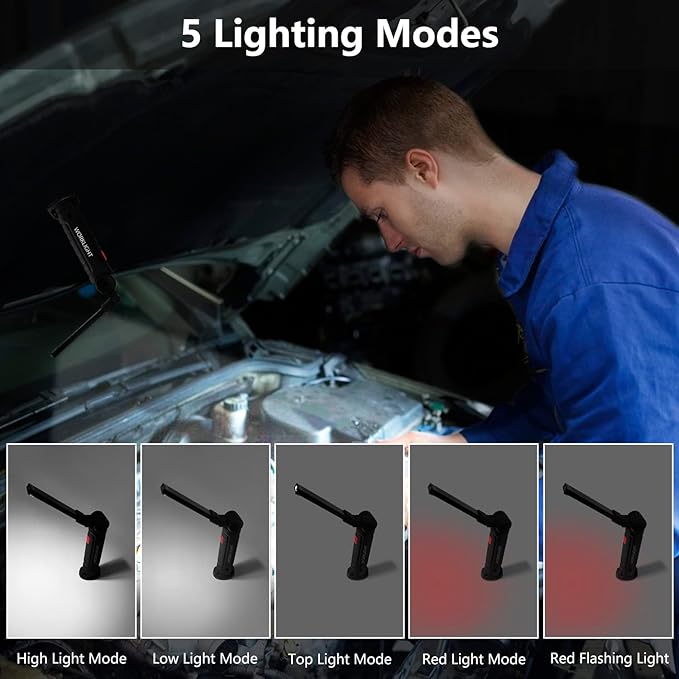 Working Light Portable, Rechargeable Work Lights with Magnetic Base Hanging Hook,360° Rotate 5