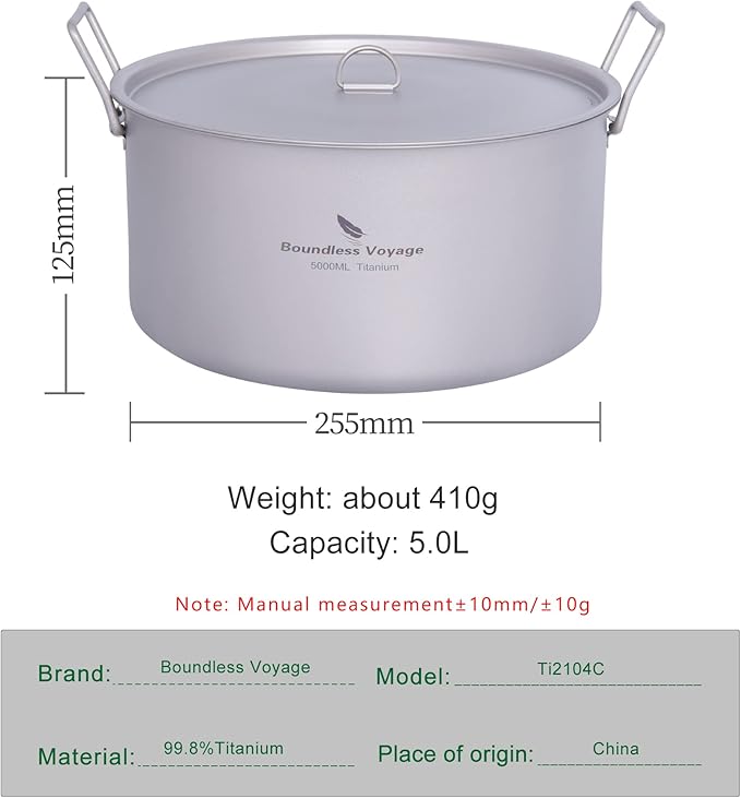 Boundless Voyage Outdoor Camping Titanium Pot 5.0L Stockpot with Lid Folding Handle Hiking Picnic