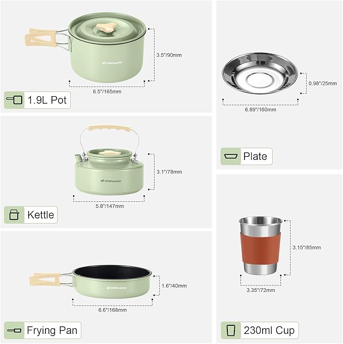 Odoland 15pcs Camping Cookware Mess Kit, Non-Stick Lightweight Pot Pan Kettle Set with Stainless