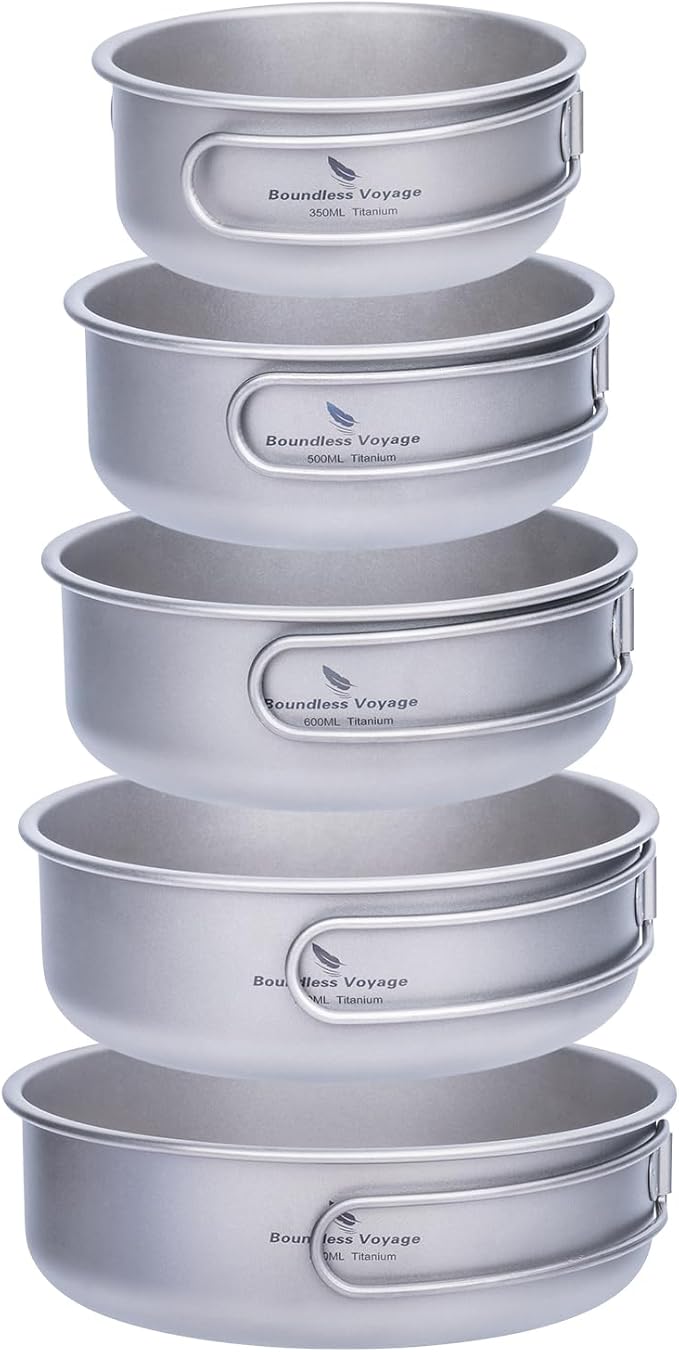 Boundless Voyage Titanium Bowls Dishes Set with Folding Handle Lightweight Portable Plates Saucers