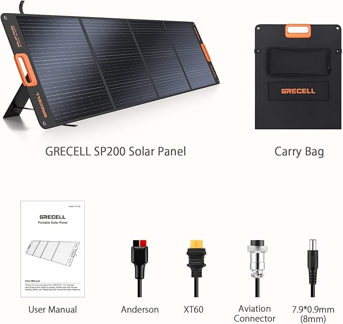 GRECELL 200W Portable Solar Panel for Power Station, Foldable Solar Charger w/ 4 Kickstands, IP65