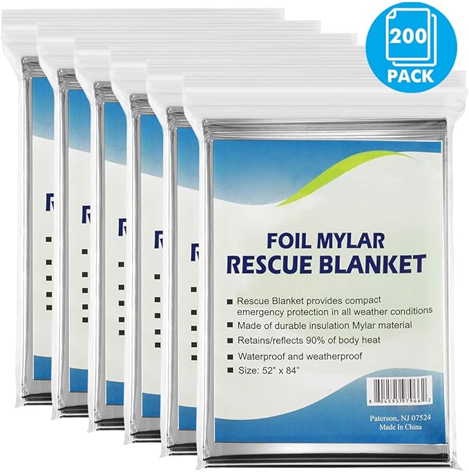 NOVAMEDIC Emergency Foil Mylar Thermal Blankets - Pack of 200, 84"x52", Individually Wrapped