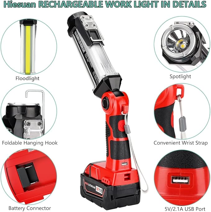 Cordless LED Work Light Compatible with Milwaukee 18v Battery, Hiesuan 35W 2000LM Outdoor