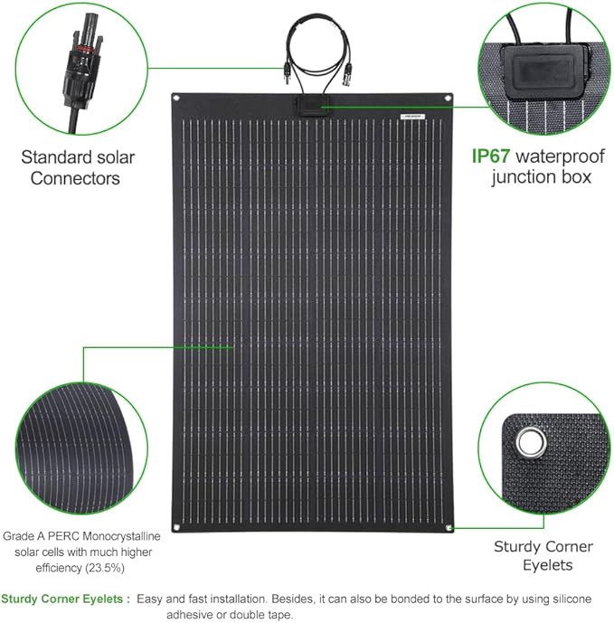 Lensunsolar 150W 12V ETFE Black Flexible Solar Panel, 43.3x28in, PERC 9BB 23.5%+ Efficiency Mono