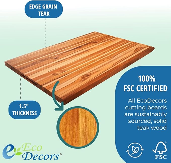 EcoDecors, XXL Teak Cutting Board 40"x28", Reversible Solid Teak Wood Edge Grain Carving Board with