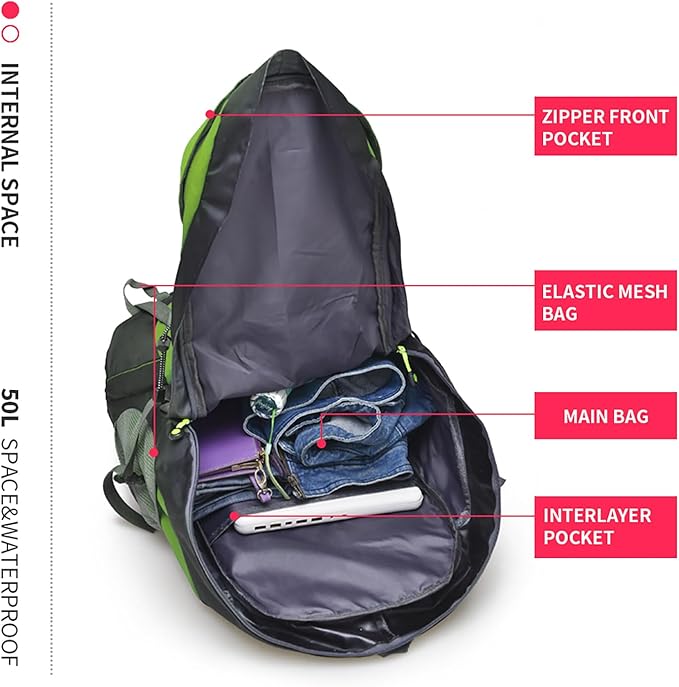 Bseash 50L Hiking Backpack, Water Resistant Lightweight Outdoor Sport Daypack Travel Bag for