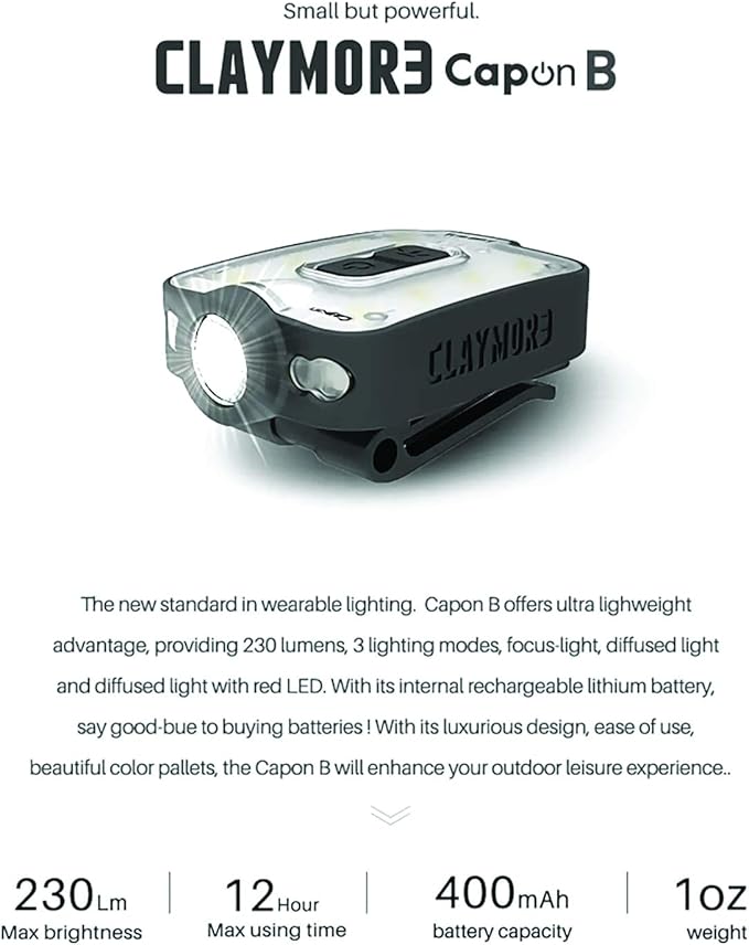 Claymore Capon 40B Tan Clip-On Cap Light ??USB-C Rechargeable 230LM LED Headlamp | 3 Light Modes