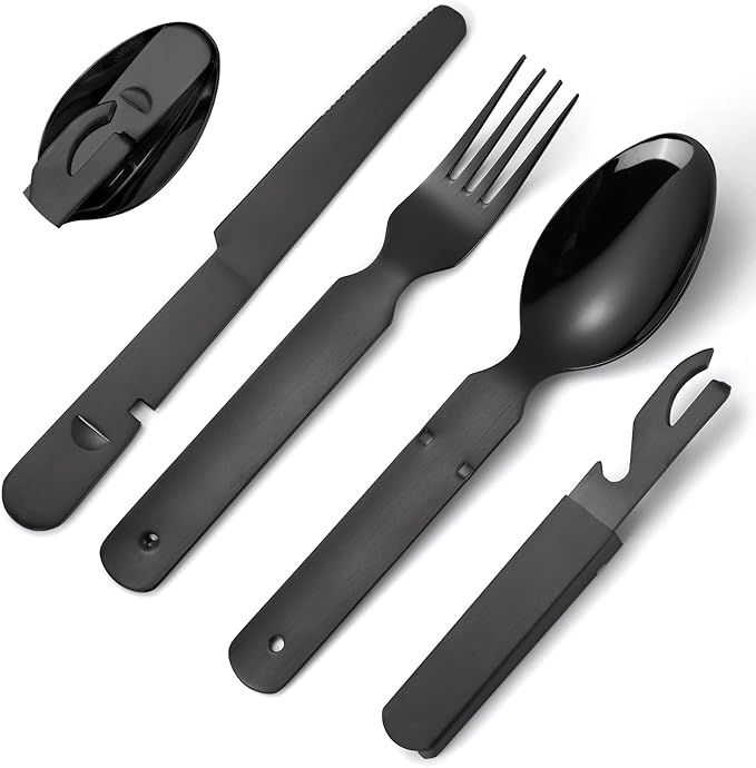 Portable Silverware Black Flatware Camping Cutlery Stainless Steel Spoon Fork Knife and Bottle