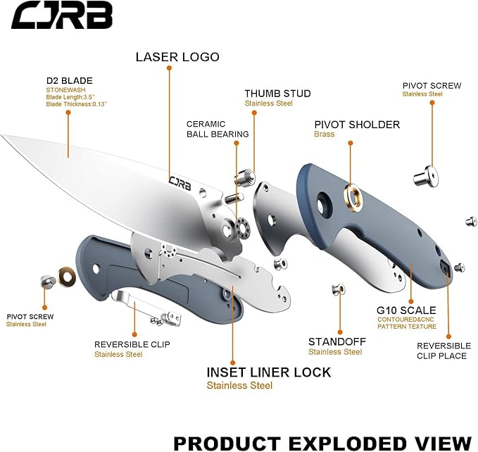 CJRB Folding Knife Feldspar Pocket Knife Stonewash D2 Steel Blade G10 Tactical Handle EDC Knife