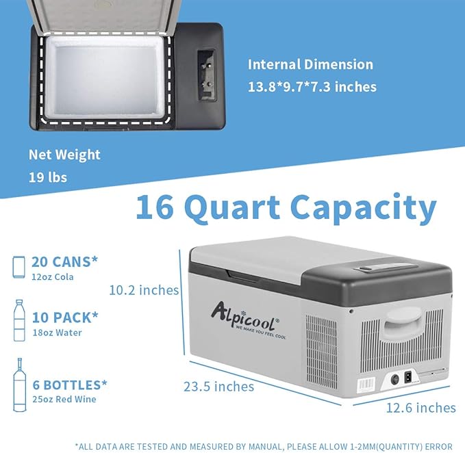 Alpicool C15 Portable Car Freezer,12 Volt Refrigerator, 16 Quart (15 Liter) Fast Cooling 12V Car