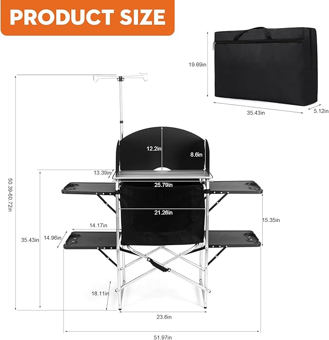 Camping Kitchen Table, Outdoor Cooking Table with 4 Panels & Storage Bag, Aluminum Folding Cooking