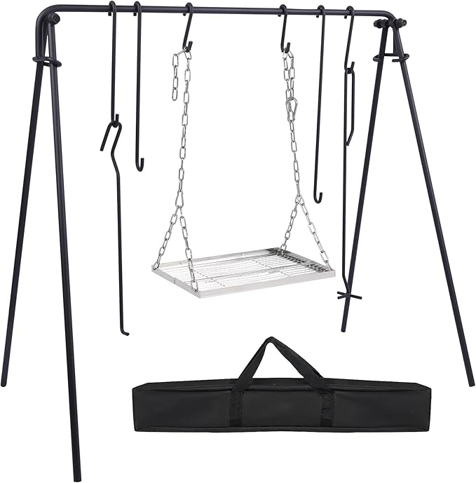 REDCAMP Swing Campfire Grill Stand - Collapsible Campfire Cooking Rack with 6 Hooks & Stainless