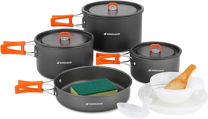 Odoland 15pcs Camping Cookware Non-Stick Lightweight Camping Pots and Pans Set with Plastic Plates