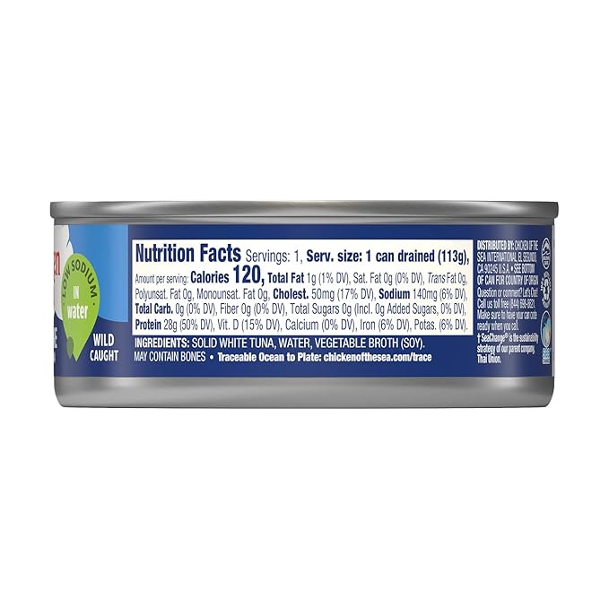 Chicken of the Sea Solid White Premium Albacore Tuna in Water, Low Sodium, Wild Caught Tuna, 5 oz.