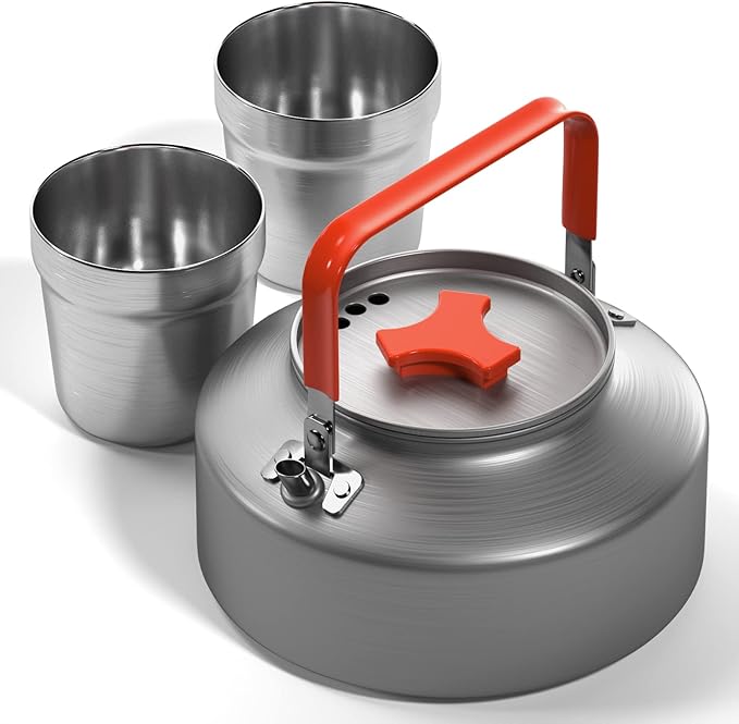 Lixada 1.1L Camping Kettle Set with Cups, Lightweight Aluminum Camp Tea Coffee Pot with Stainless