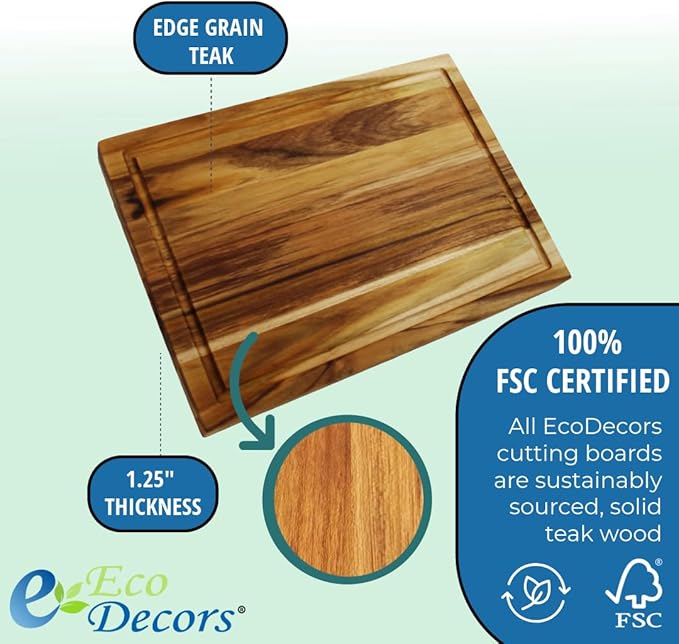 EcoDecors, Teak Cutting Board 14"x10", Reversible Teak Wood Edge Grain Carving Board with Juice