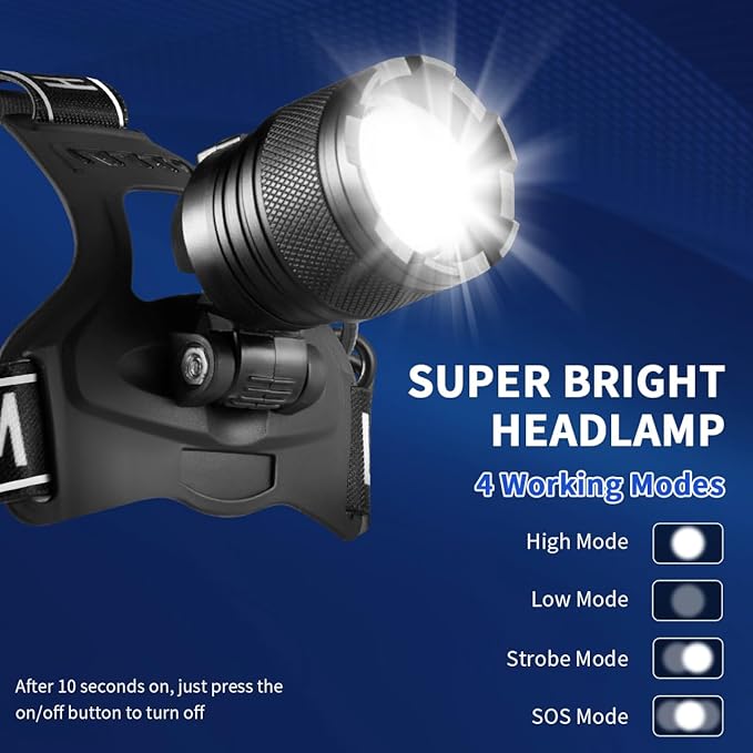 Super Bright Aluminum Headlamp, Rechargeable Headlamp High Lumen L9000, 90° Adjustable Focus Head