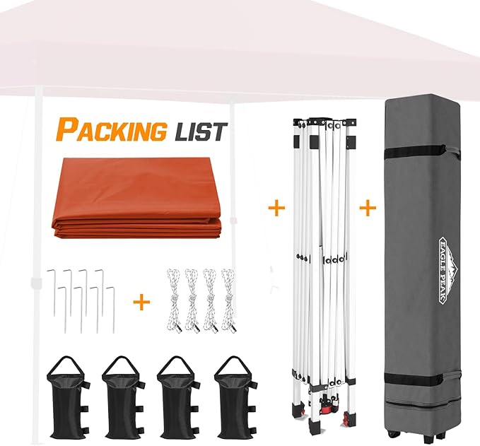 EAGLE PEAK Pop Up Canopy Tent with Wheeled Carry Bag, 8 Stakes, 4 Ropes, 4 Weight Bags, Easy Set Up