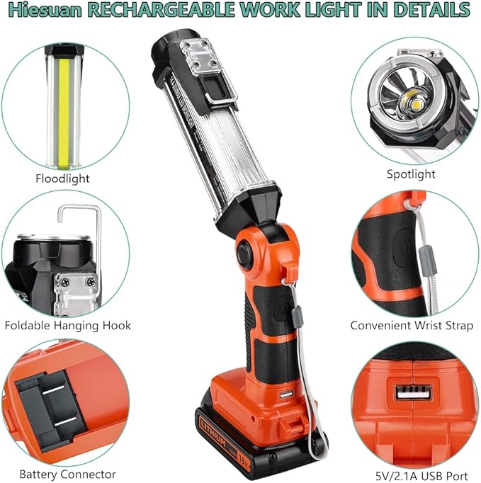 Cordless LED Work Light for Black & Decker 20V Li-ion Battery, 35W 2000LM Outdoor Flashlight