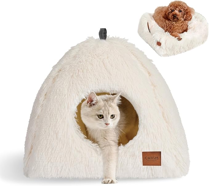 CATISM Cat Bed, Cat Cave for Indoor Cats, Soft Cat Dome, Self-Warming 2 in 1 Foldable Pet Cat House