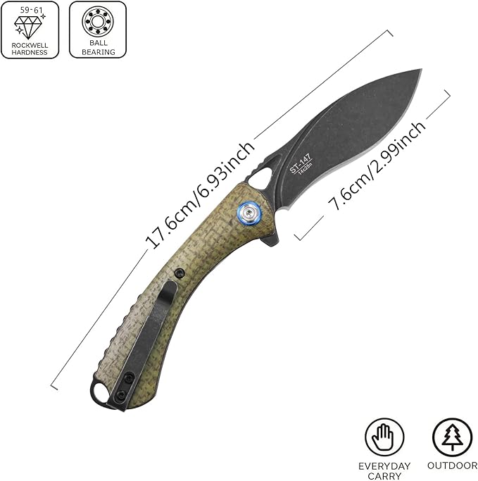 Sitivien ST147 Folding Pocket Knife,Black Stonewashed 14C28N Steel Blade with Micarta Handle