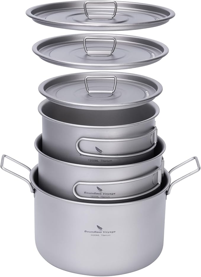 iBasingo 1.2L+1.8L+2.4L Titanium Pots Set with Lid Camping Cookware with Foldable Handle Portable