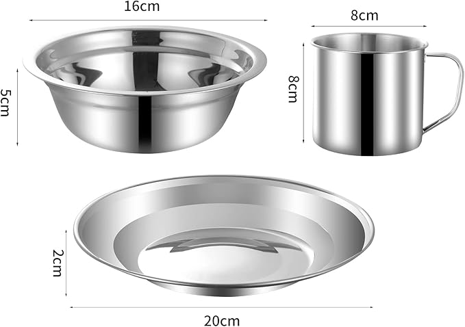 Outdoor Camping Mess Kit, Stainless Steel Tableware Mess Kit Includes Plate Bowl Cup Spoon Fork