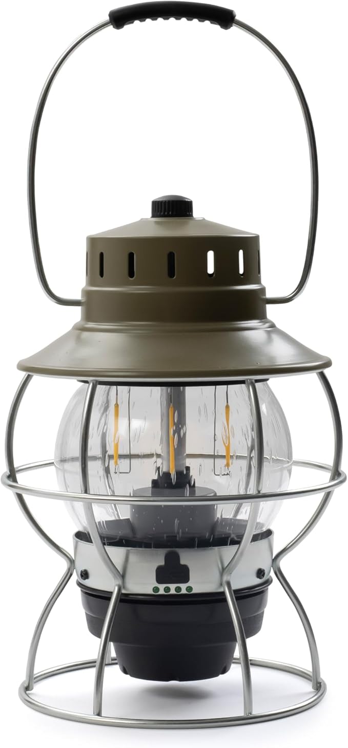 Barebones Railroad Lantern ??Olive Drab, Vintage-Inspired LED Camping Lantern with Rechargeable