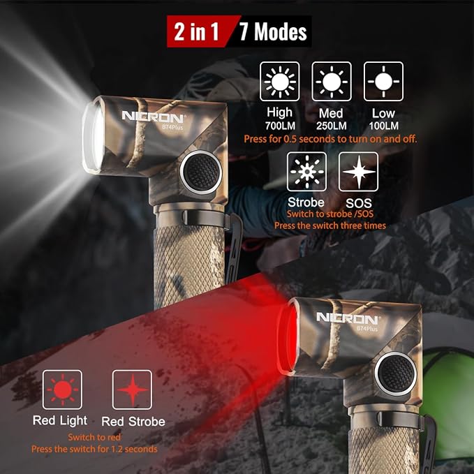 NICRON B74plus White/Red Light Flashlights Rechargeable,High Lumens 90 Degree Magnetic for