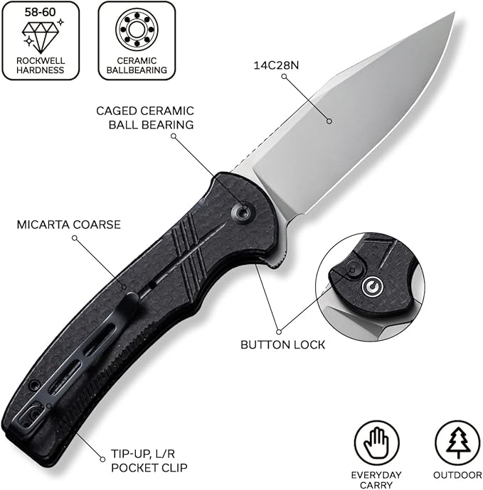 CIVIVI Folding Pocket Knife, Button Lock Flipper Cogent Knife 14C28N Blade Black Micarta Handle for