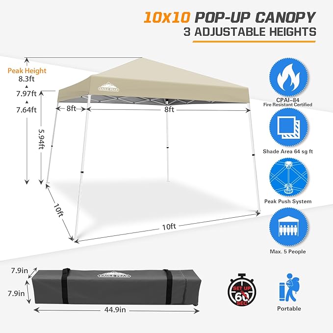 EAGLE PEAK 10x10 Slant Leg Pop-up Canopy Tent Easy One Person Setup Instant Outdoor Beach Canopy