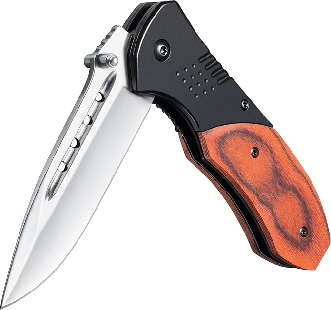 Pocket Knife for Men - 3.46" Sharp Blade Wood Handle Pocket Folding Knives with Clip, Glass Breaker