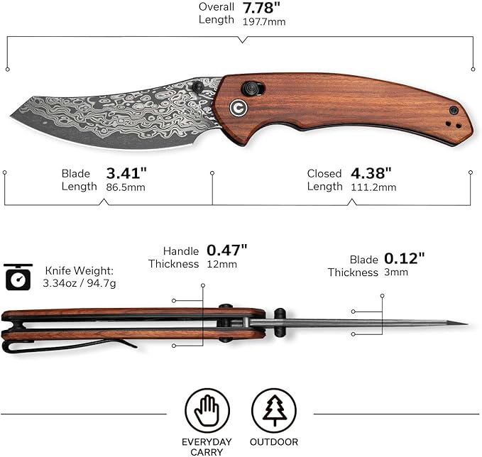 CIVIVI Sixgill Folding Pocket Knife for EDC, 3.41'' Damascus Blade Guibourtia Wood Handle, Deep