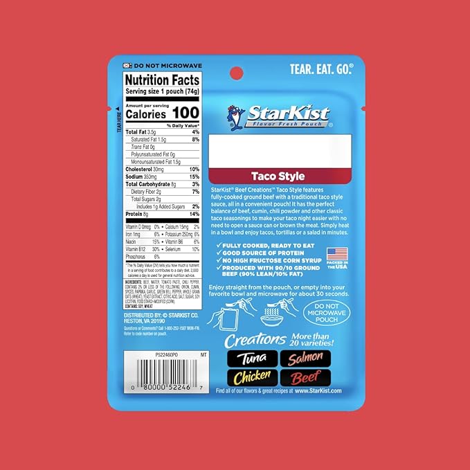 StarKist Beef Creations Taco Style, 2.6 oz Pouch, 12 pack