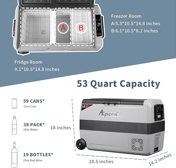 Alpicool LGT50 Dual Temperature Control 12 Volt Refrigerator 53 Quart Portable Car Fridge Freezer
