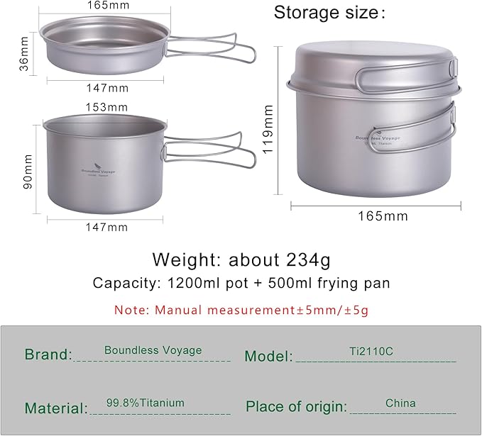 Boundless Voyage Outdoor Titanium Pot with Pan Set with Collapsible Folding Handle for Outdoor