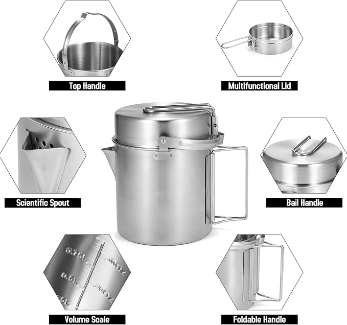 Lixada Camping Pot Stainless Steel Lightweight Kettle Bottle Cup or Pot with Foldable Handle and