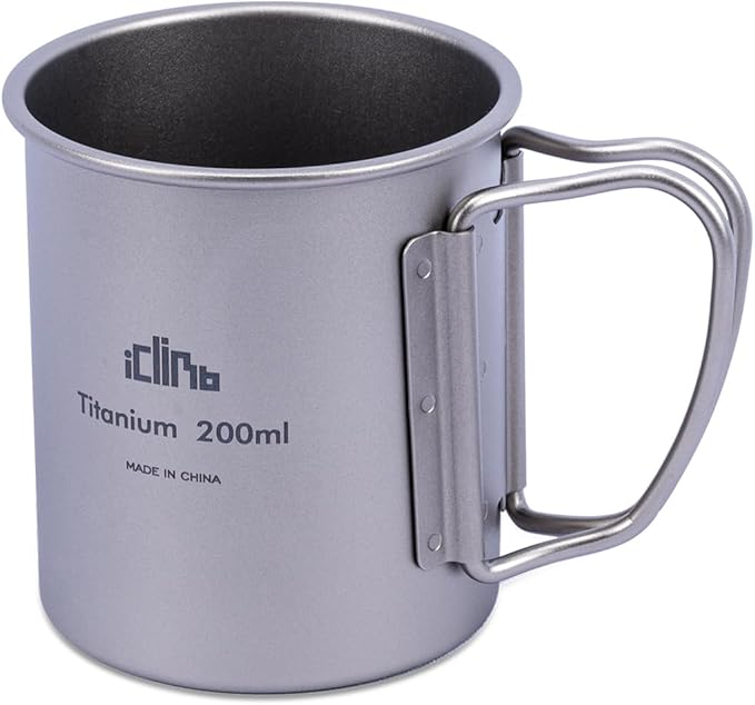 iClimb Titanium Cup Camping Coffee Mug Ultralight Compact with Foldable Handle (200ml)